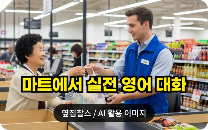 마트 직원에게 계산된 봉지에 담긴 물건을 받는 한국 할머니