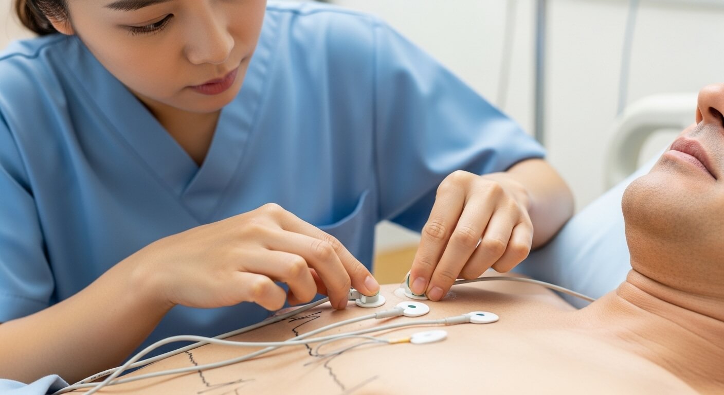 간호사가 환자의 가슴에 심전도 측정용 전극을 부착하는 장면