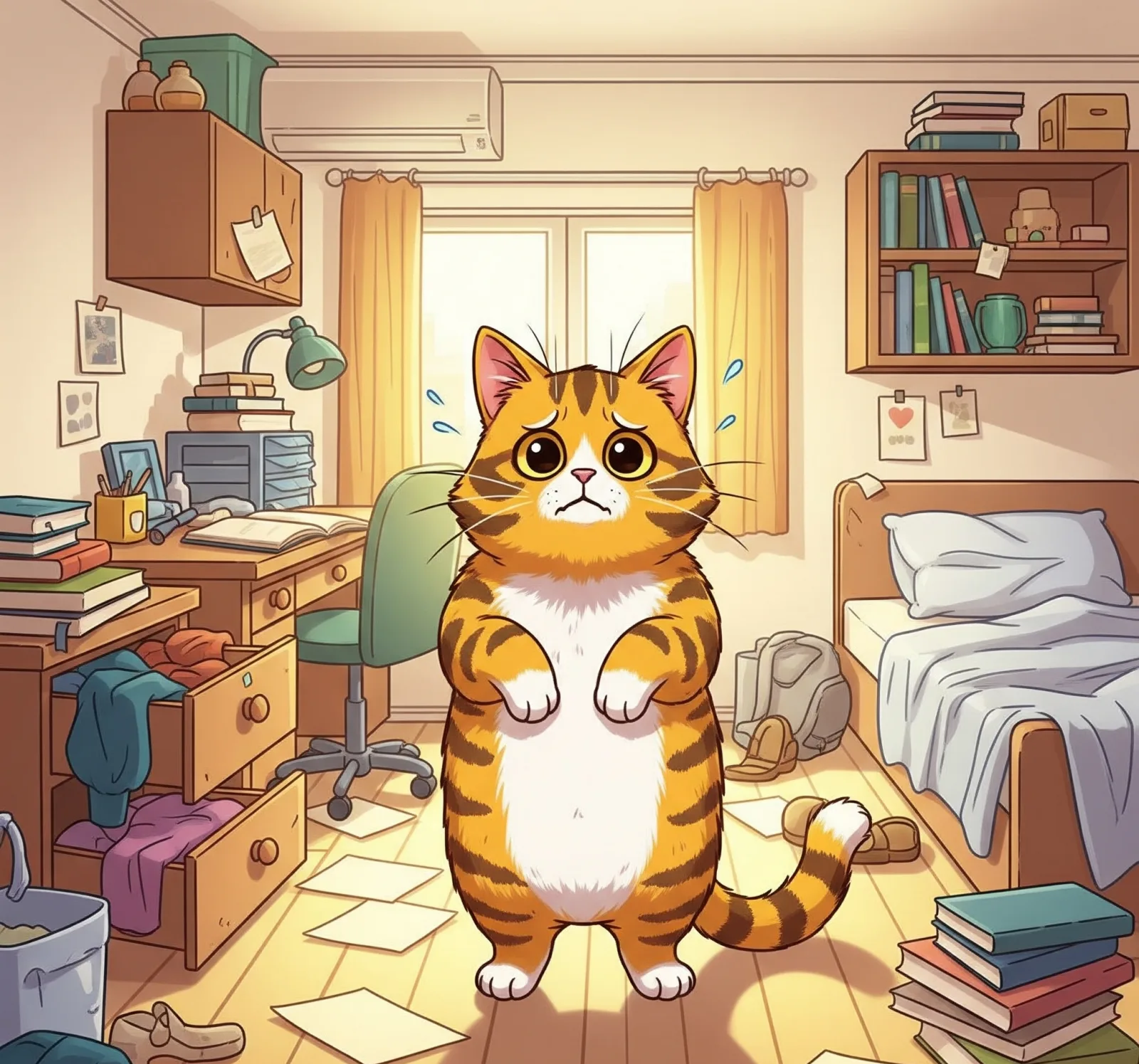 정리 정돈 안 된 방에 서 있는 고양이 그림, Picture of a cat standing in an untidy room