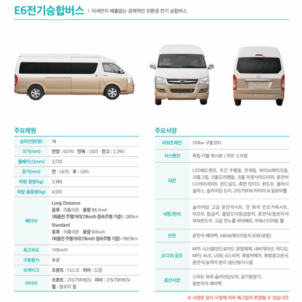 이비온 E6 제원 내용