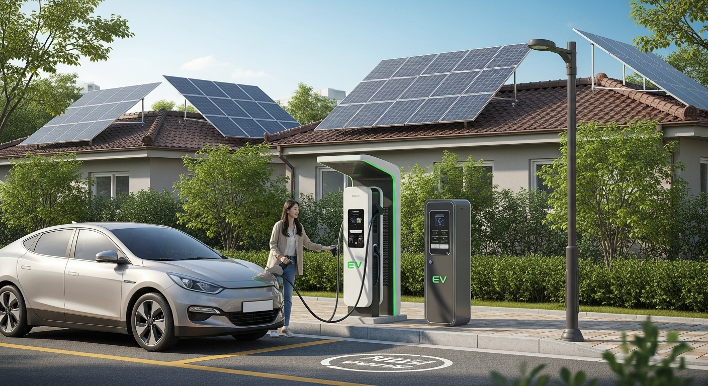 a modern Korean electric vehicle charging station in a residential neighborhood