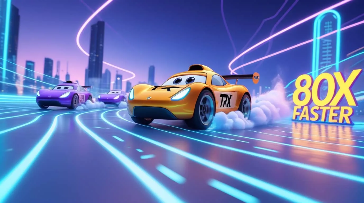 이더리움 대비 80배 빠른 트론코인의 처리 속도를 자동차 레이싱에 비유한 이미지.