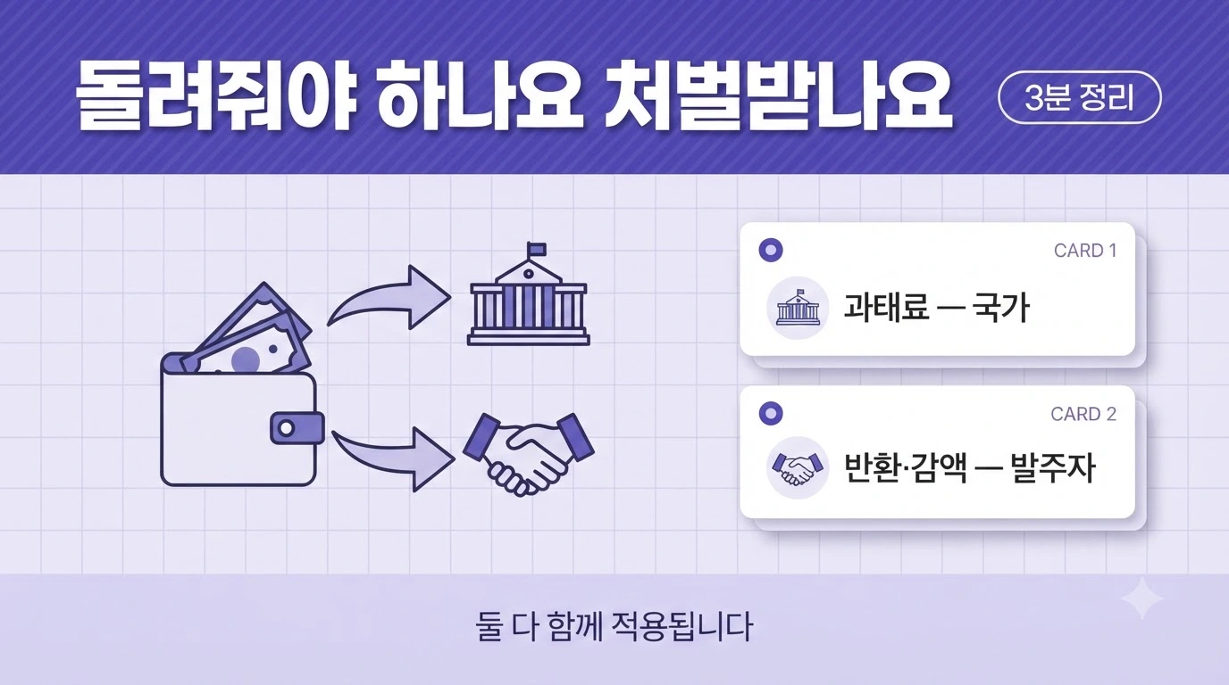 안전관리비 목적 외 사용 시 과태료와 반환·감액조정이 함께 적용됨을 정리한 이미지