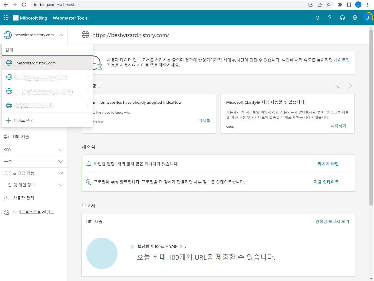 빙(Bing) 웹마스터 도구 - 사이트 가져온 결과