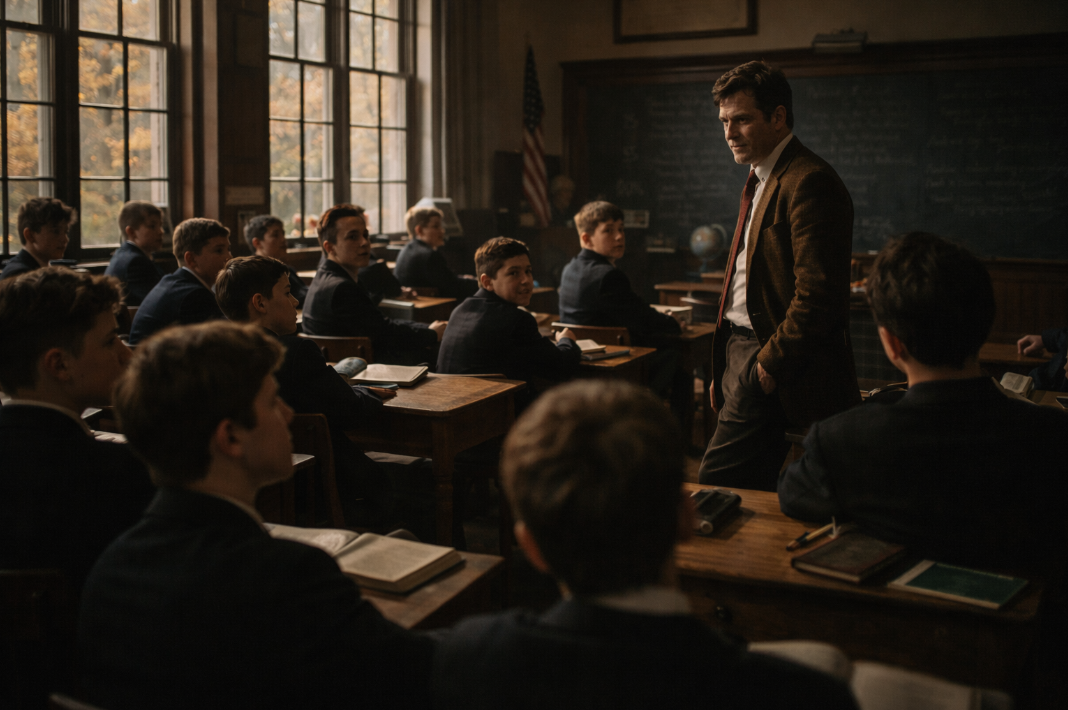 햇빛이 드는 교실 안에서 한 교사가 학생들 앞에 서 있고 교복 입은 학생들이 바라보는 장면