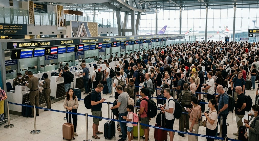 수많은 여행객으로 발 디딜 틈 없이 붐비는 태국 방콕 수완나품 공항 출국 심사대 전경. 캐리어를 끈 수많은 사람들이 각 심사 카운터마다 끝이 안 보일 정도로 길게 대기 줄을 서 있는 혼잡한 모습.