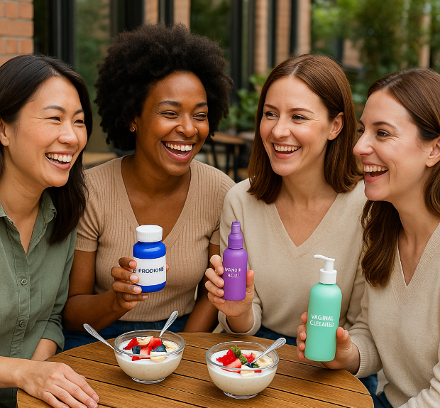 “카페 테라스에 앉아 웃으며 여성 질 건강 제품을 나누는 4명의 여성 – 요거트와 과일을 즐기며 유산균과 미스트, 세정제 등 다양한 제품을 이야기하는 장면”