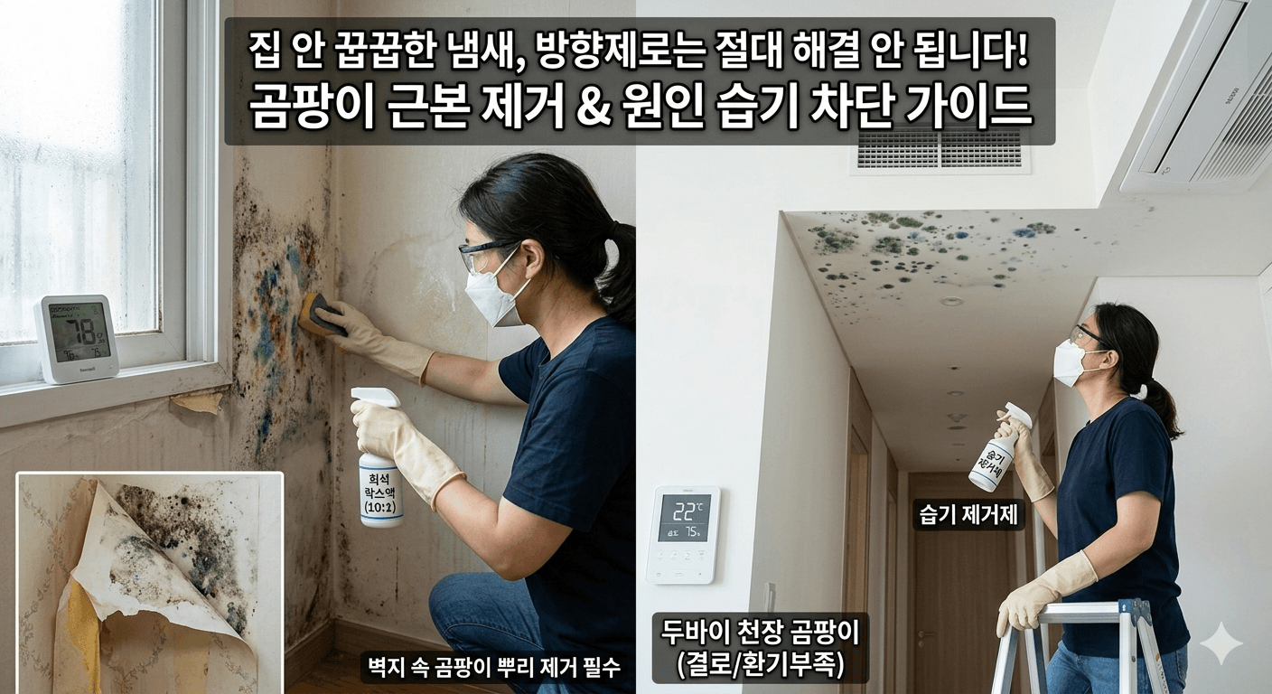 집 안 벽지와 천장에 생긴 곰팡이를 마스크와 장갑을 착용한 사용자가 락스 희석액으로 제거하는 모습과 벽지 안쪽의 곰팡이 상태를 보여주는 분할 이미지