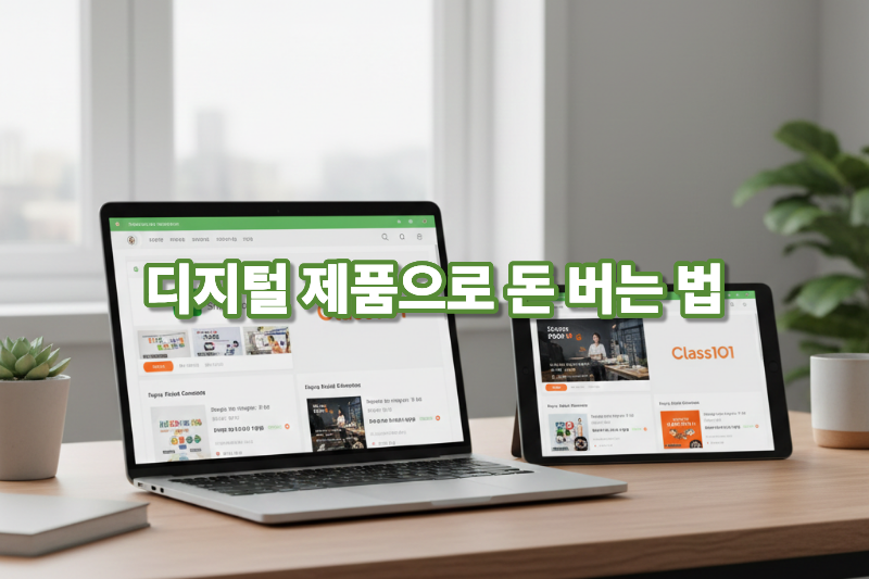 디지털 제품 기반 수익 모델을 상징하는 전자책, 템플릿, 온라인 강의 이미지