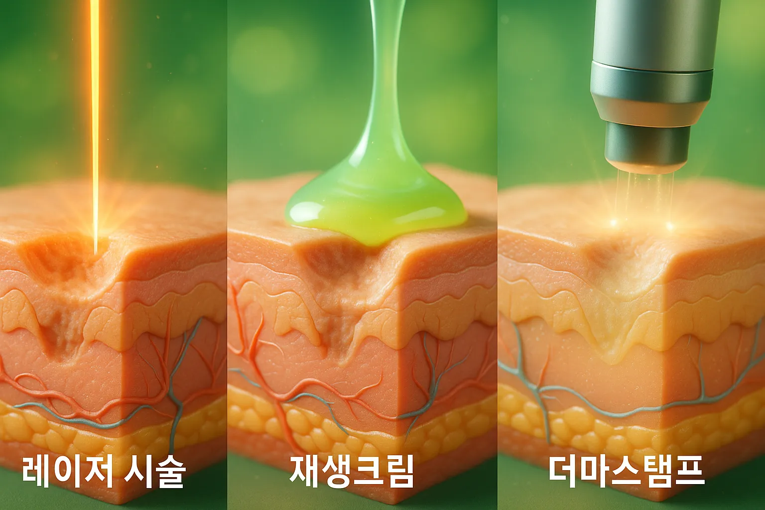 &quot;여드름 흉터 치료법인 레이저, 재생크림, 더마스탬프를 효과와 비용 측면에서 비교하는 3D 이미지&quot;