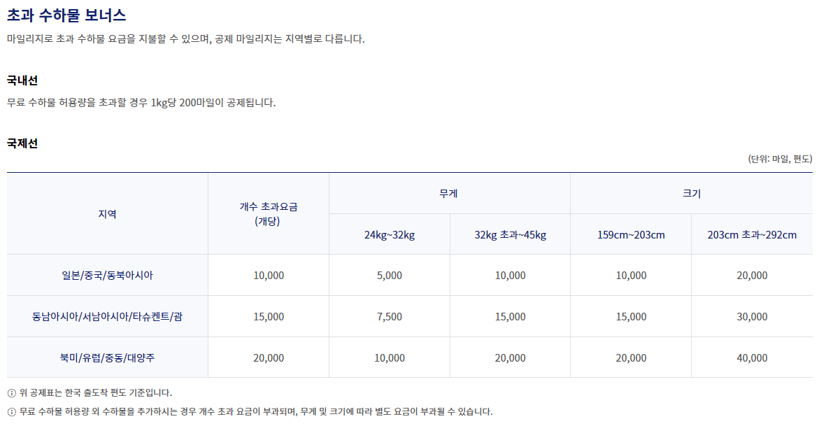 초과 수하물 보너스 수치가 나와 있다.