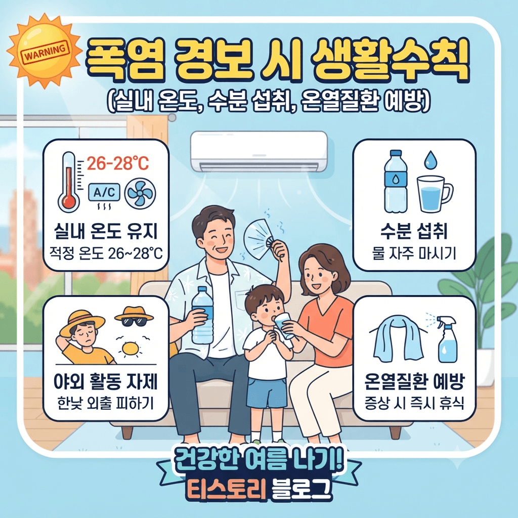 폭염 경보 시 생활수칙(실내 온도, 수분 섭취, 온열질환 예방)