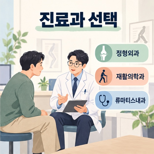 의사와 환자의 상담 장면으로 표현한 무릎 통증 진료과 선택