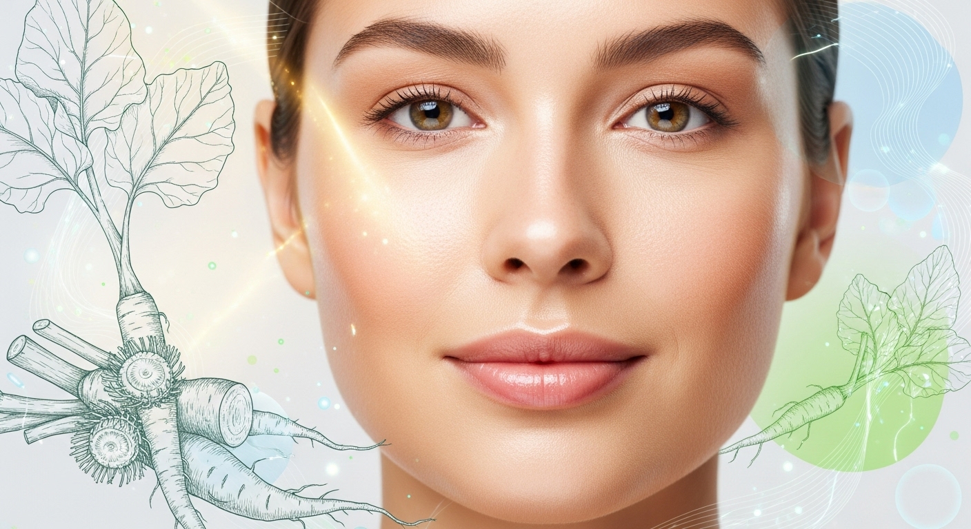 우엉 섭취를 통해 맑고 생기 넘치는 건강한 피부를 얻은 여성의 모습과 피부 정화 과정을 표현한 이미지.