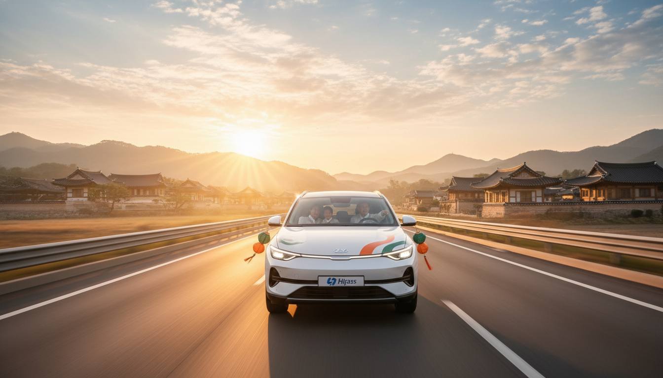 2026년 설 연휴, 차량들이 원활하게 고속도로를 달리는 모습과 하이패스 통과 장면. 고향을 향하는 따뜻하고 설레는 분위기를 담은 이미지.