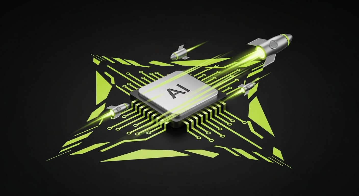 빠르고 강력한 AI 비서 아이콘과 고속 칩셋을 형상화한 3D 테크 일러스트