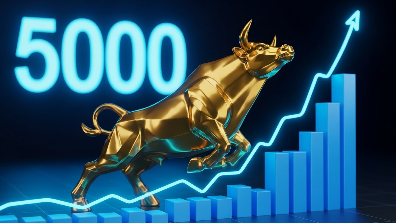 A golden bull statue charging upwards on a stock market graph, background showing digital numbers '5000', bright blue lighting, symbolizing a strong bull market, 3D render