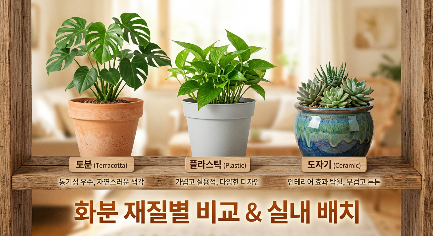 토분 플라스틱 도자기 화분 재질별 비교와 실내 식물 배치 모습