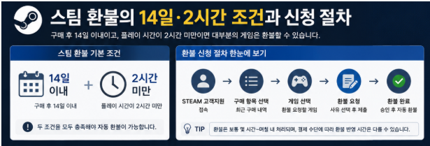 스팀 환불의 14일&middot;2시간 조건과 신청 절차를 보여주는 인포그래픽]