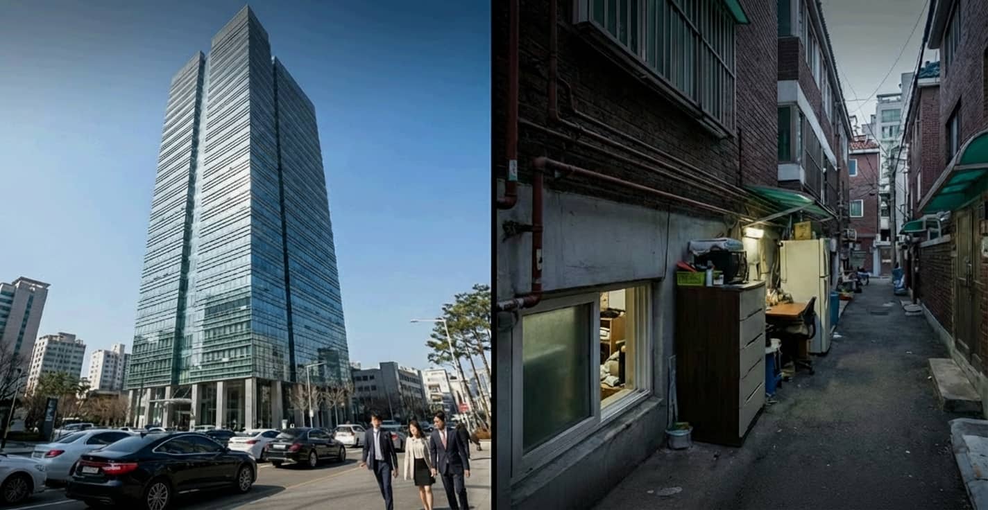 "강남 타워 아파트와 반지하 원룸 대비"