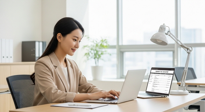 밝고 깔끔한 사무실 배경에서 재산세 계산기 결과를 확인하는 모습