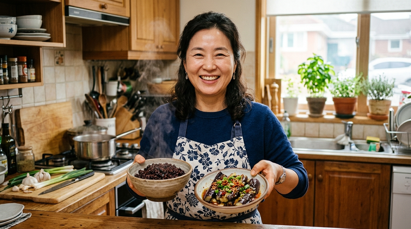 흑미밥과 가지 반찬으로 건강한 식사를 즐기는 여성