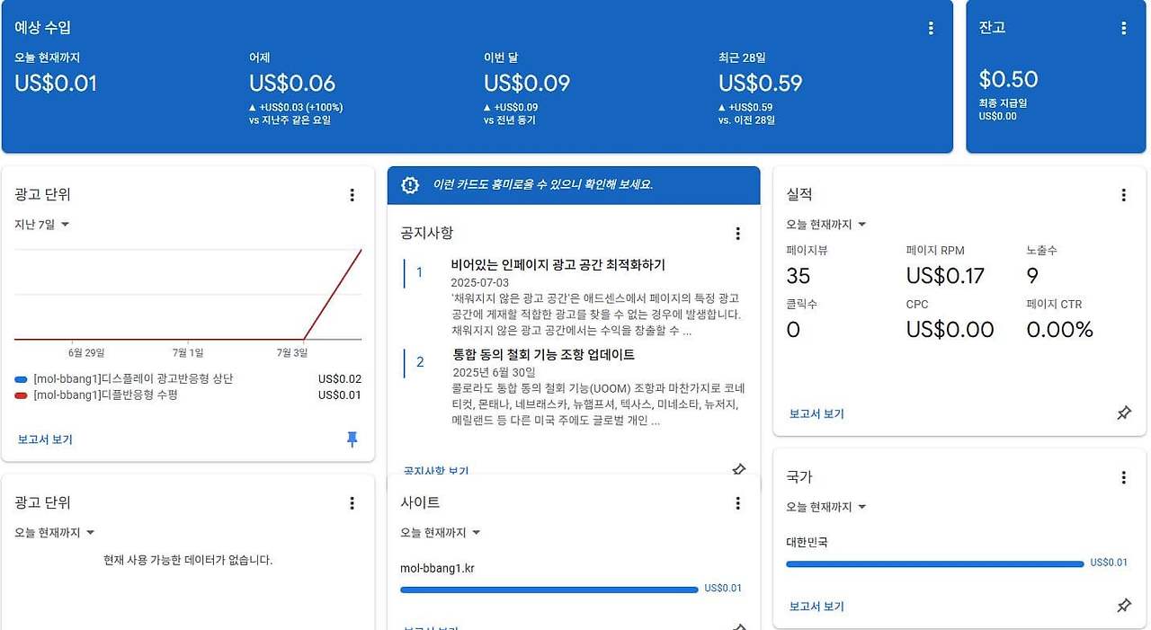 에드센스 수익형 블로그 수익 보고서 1일차