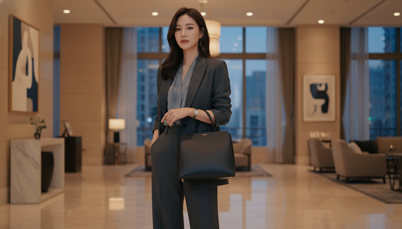 고급스러운 호텔 로비를 배경으로 서 있는 우아한 정장 차림의 여성이 로고 없는 미니멀한 검정색 가죽 핸드백을 들고 있는 모습