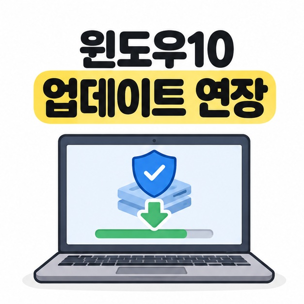 윈도우10 업데이트 연장 제목과 방패, 다운로드 화살표, 진행 막대가 표시된 노트북 이미지