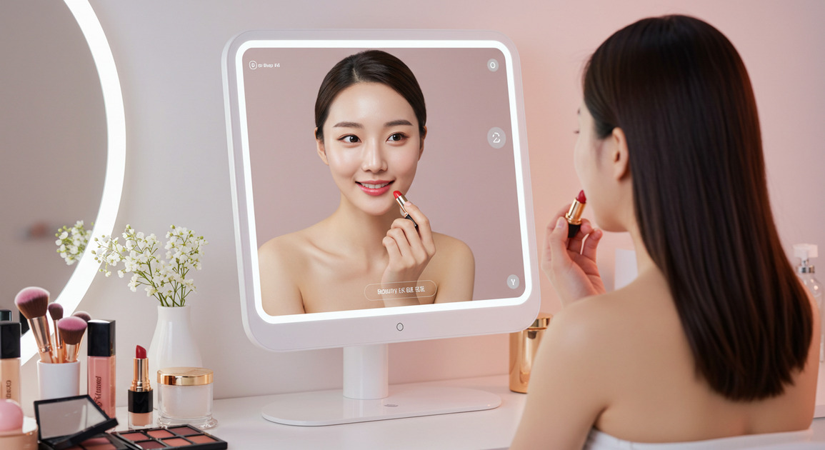 AI 스마트 미러 보고 있는 여성 이미지