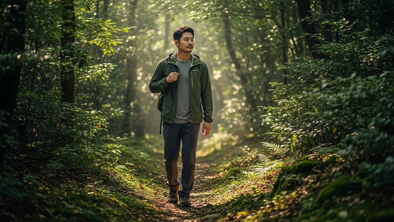디지털 기기 없이 자연 속을 산책하며 뇌의 휴식과 평온을 되찾는 남성의 모습