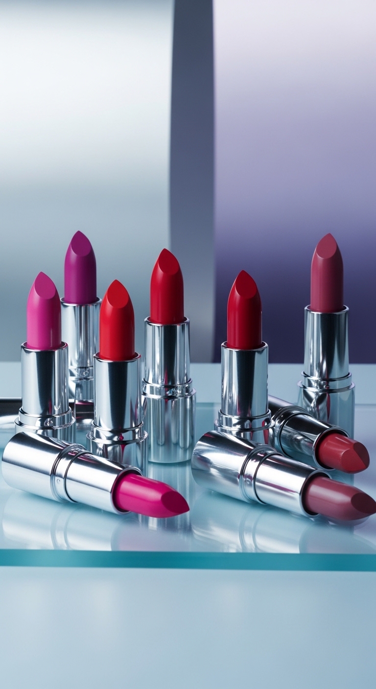 푸시아 핑크, 체리 레드, 모브 컬러 등 쿨톤 피부의 생기를 살려주는 시원한 색감의 립스틱들을 보여줍니다. 세련되고 차가운 느낌의 컬러 팔레트