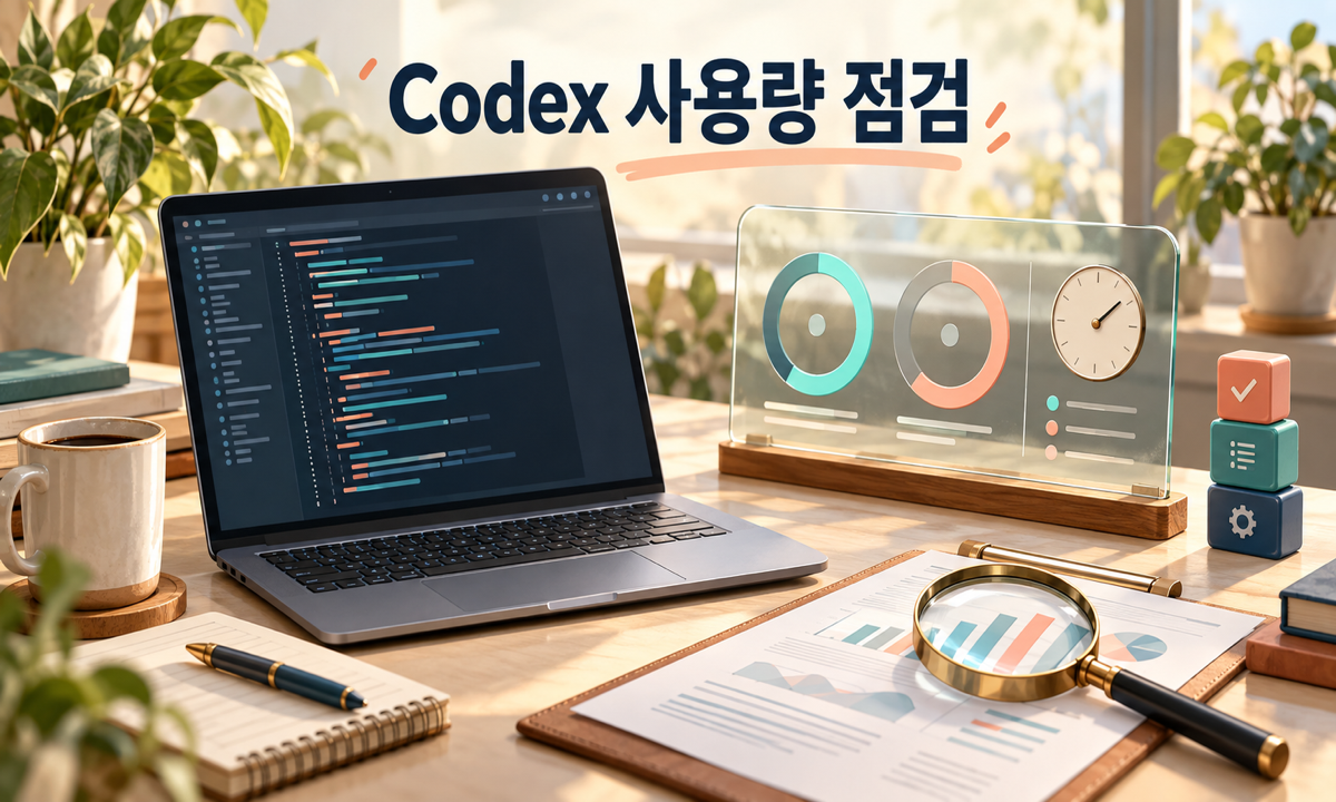 코드가 열린 노트북 옆 사용량 계기판과 시계를 돋보기로 살펴보는 일러스트