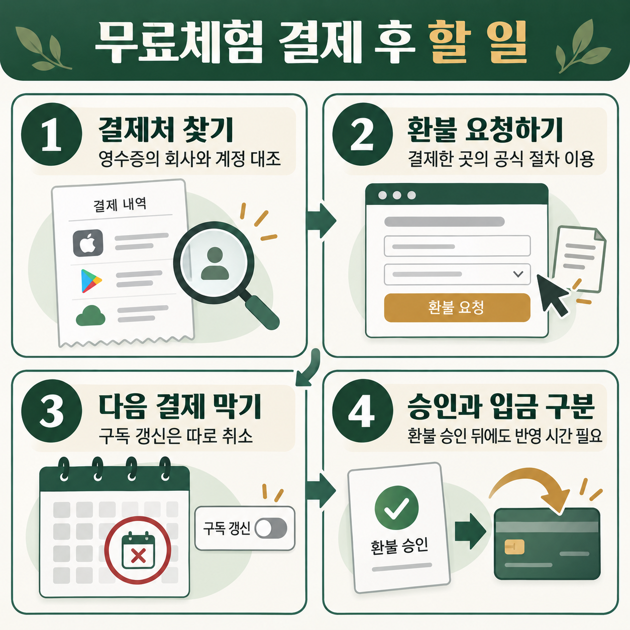 결제처 찾기, 환불 요청, 구독 갱신 취소, 환불 승인과 카드 반영의 네 단계