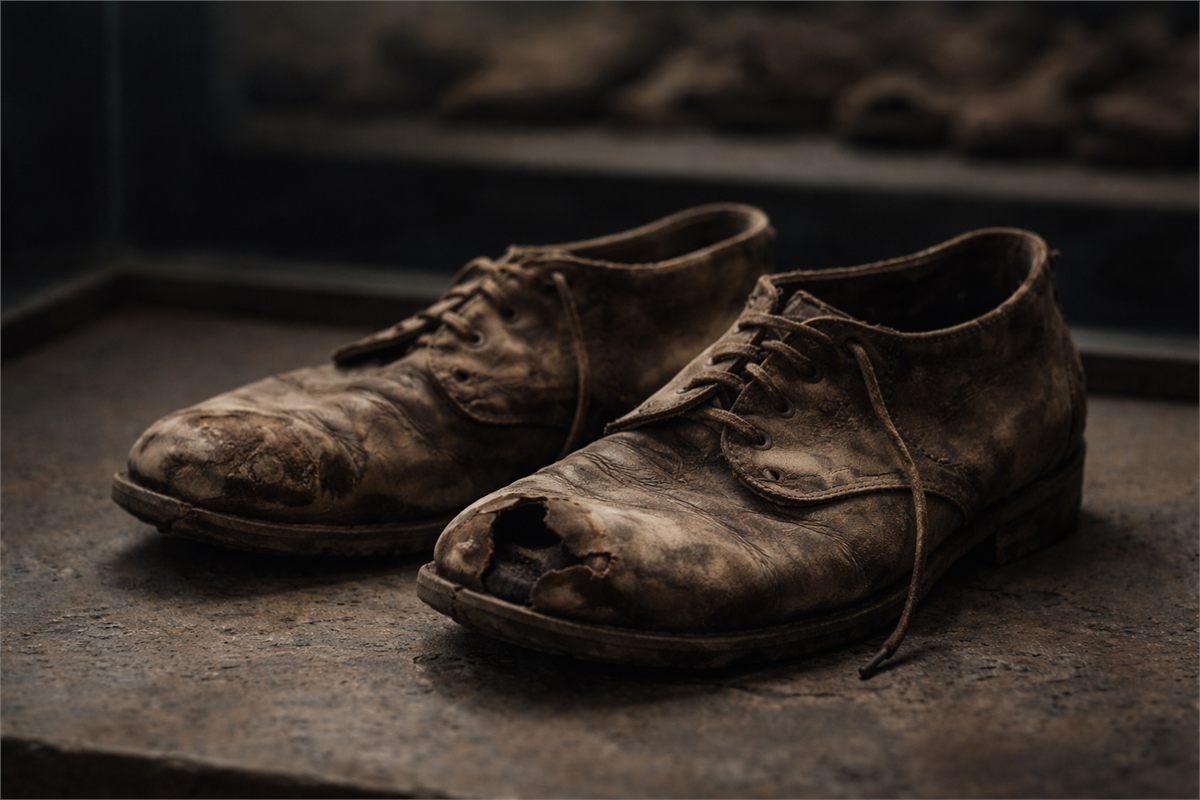 홀로코스트 추모 공간에 전시된 낡은 신발 클로즈업 