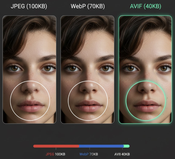 동일 화질 기준 JPEG, WebP 대비 압도적으로 낮은 용량을 가지면서도 디테일이 살아있는 AVIF 이미지 포맷의 압축 성능과 화질 우수성을 비교 설명하는 인포그래픽 이미지.
