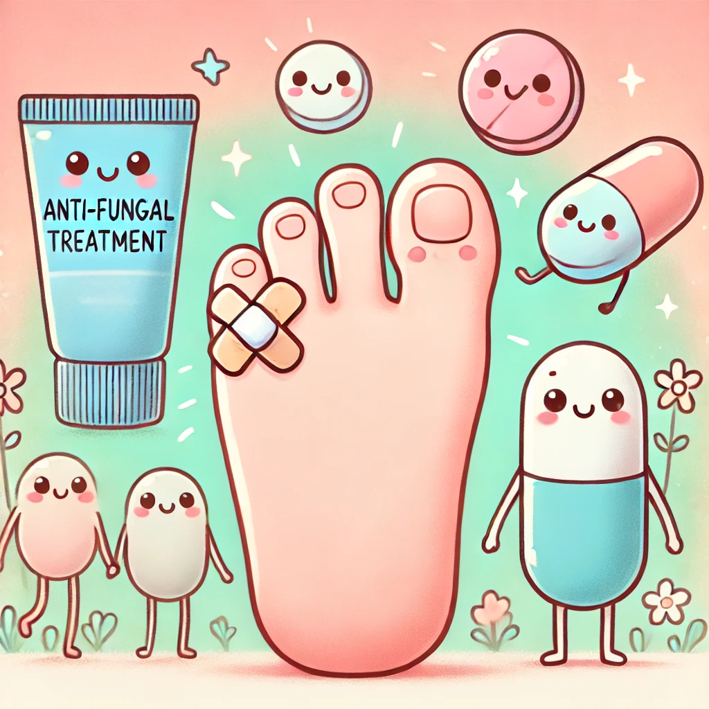 발 주변에 다양한 무좀 약이 그려져 있는 귀여운 일러스트 그림