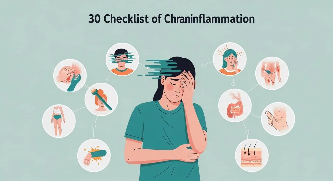 만성 피로, 두통, 부종, 소화 불량 등 30가지 만성염증 증상에 시달리는 사람이 지쳐 보이는 추상적인 이미지.