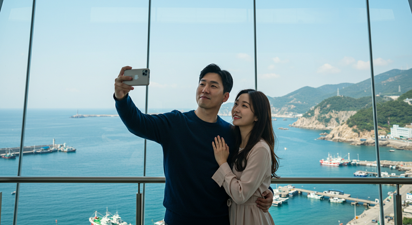 삼척 장호항 전망대에서 한국인 커플이 기념사진을 찍는 모습
