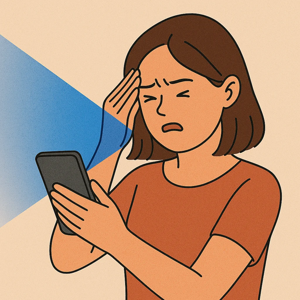 스마트폰의 블루라이트로 눈의 피로를 느끼는 여성을 묘사한 일러스트. 강한 푸른 빛과 찡그린 표정이 눈의 자극을 시각적으로 표현함.