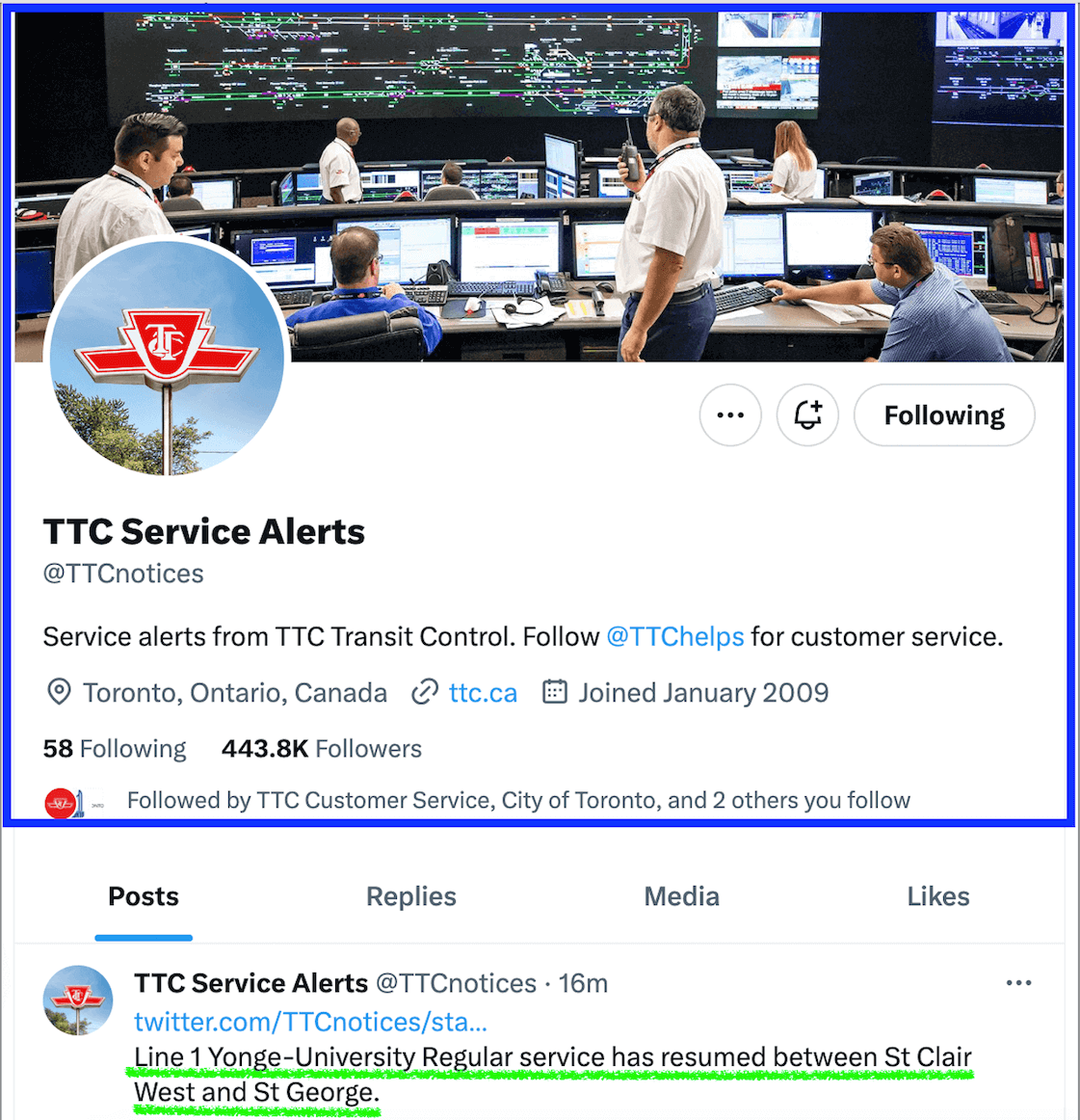트위터 TTC Service Alerts