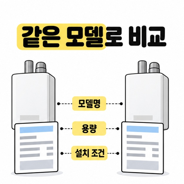 두 보일러 견적의 모델명과 용량, 설치 조건을 같은 기준으로 맞춰 비교하는 이미지