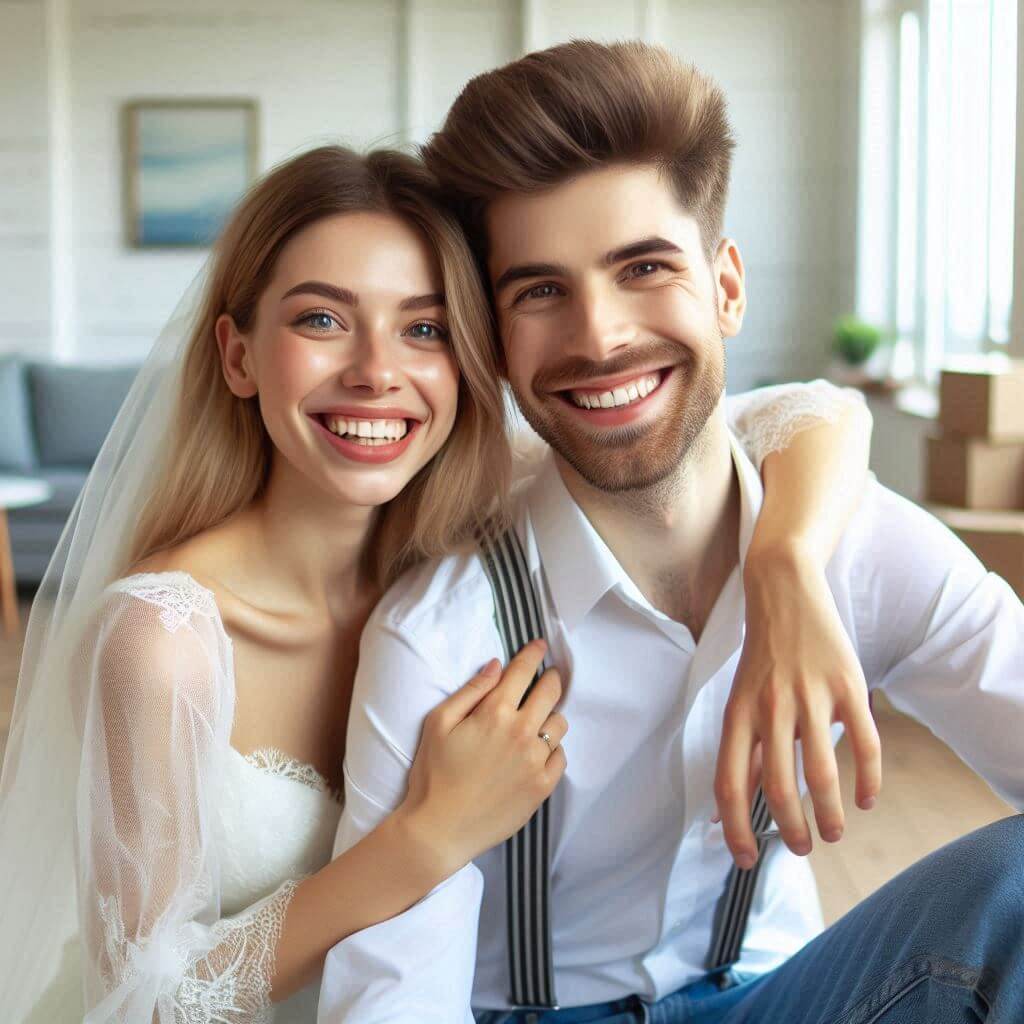 행복주택 입주자격을 알아보고 해맑게 웃고 있는 신혼부부 사진