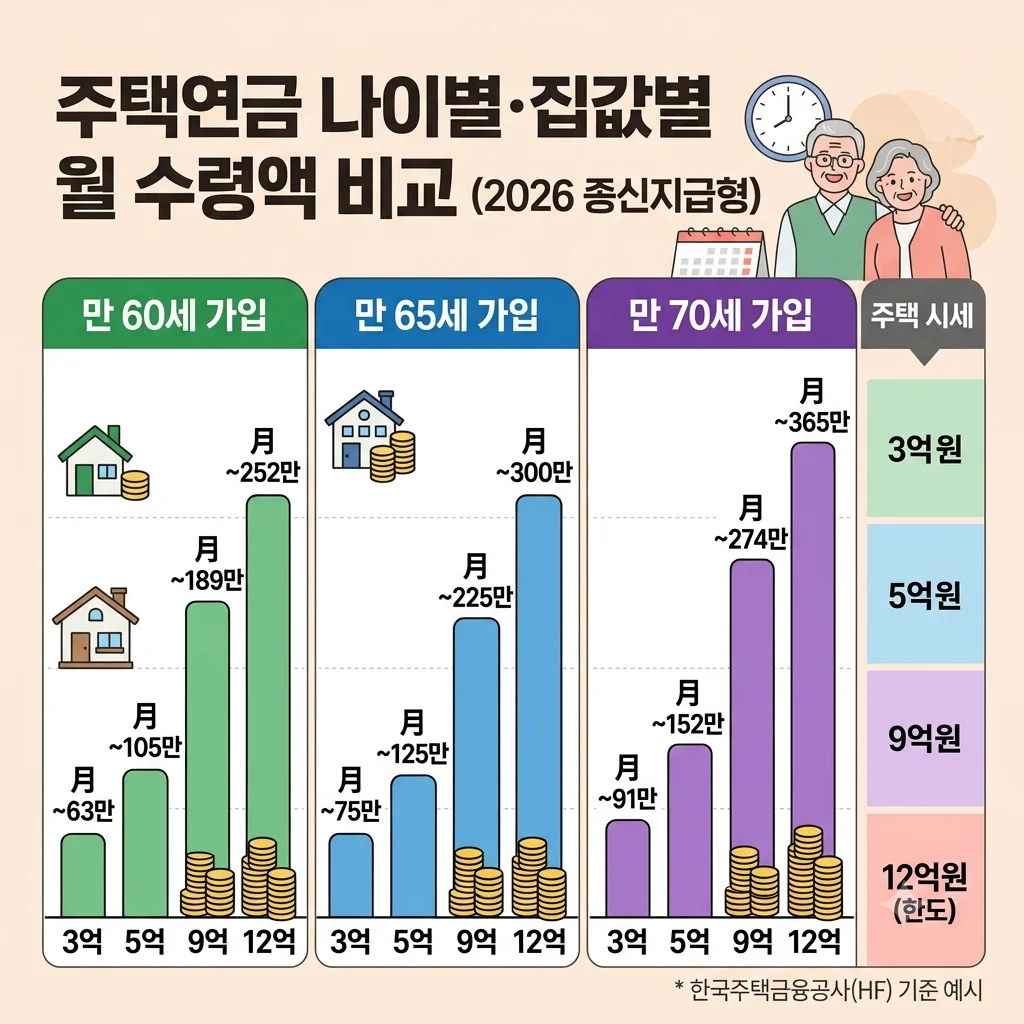 주택연금 60세 65세 70세 나이별 집값별 월 예상 수령액 비교표