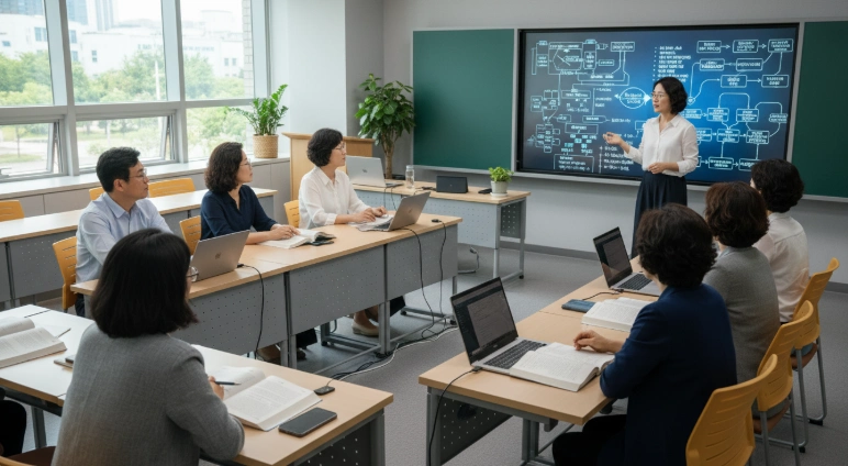 40~50대 수강생들이 현대적인 강의실에서 전기기사 수업에 집중하며 강사의 설명을 듣고 있는 모습.