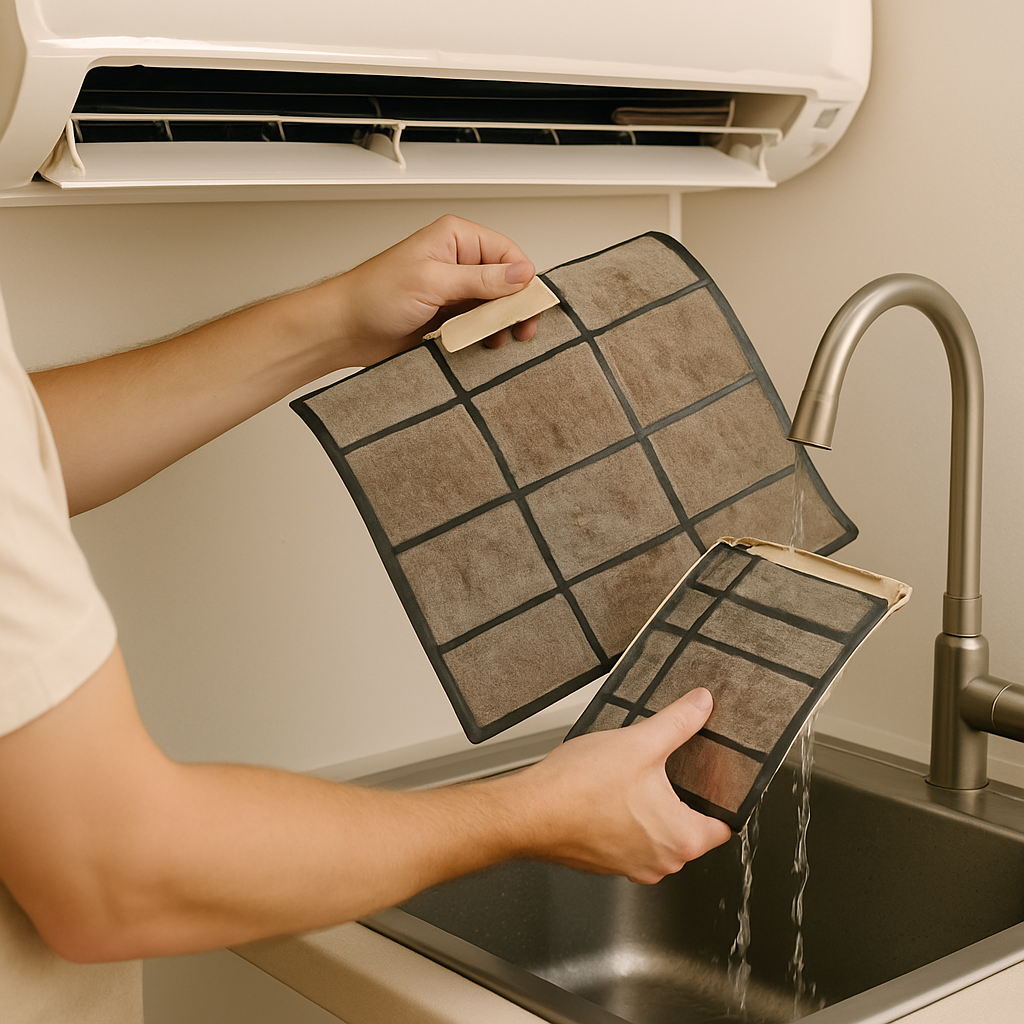 사람이 에어컨 필터를 분리해 세면대에서 세척하고 있는 장면