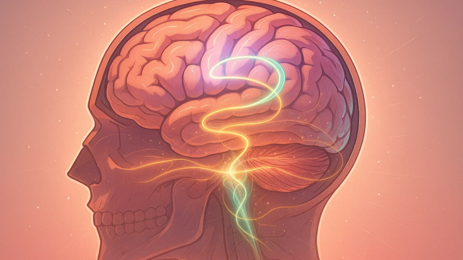뇌의 전전두피질과 편도체가 빛나며 연결되는 모습으로 용서의 신경과학적 변화를 시각화한 따뜻한 색조의 인포그래픽