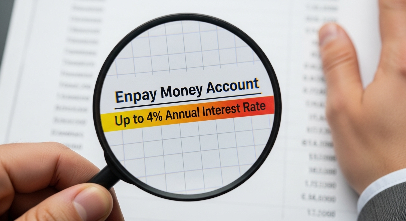 돋보기로 엔페이머니 통장의 높은 금리를 확인하는 모습