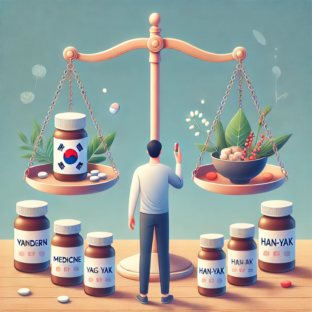한쪽 손에 양약, 다른 한쪽 손에 한약 그릇을 들고 선택의 순간에 있는 사람. 균형 잡힌 저울이 배경에 배치되어 건강을 위한 신중한 선택을 강조함