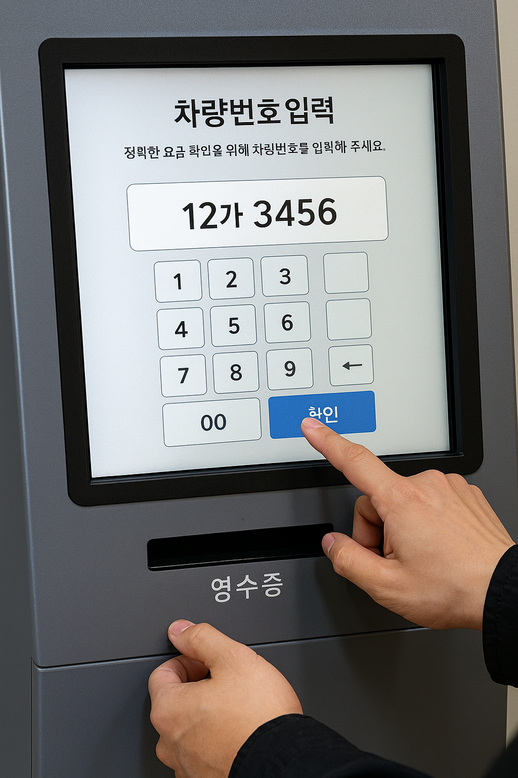 주차장 키오스크에서 차량번호를 입력해 정산하는 장면 — QR 결제창 대신 키오스크로 직접 처리